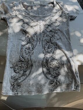 Embellished Angel Wing Graphic Tee - Gray